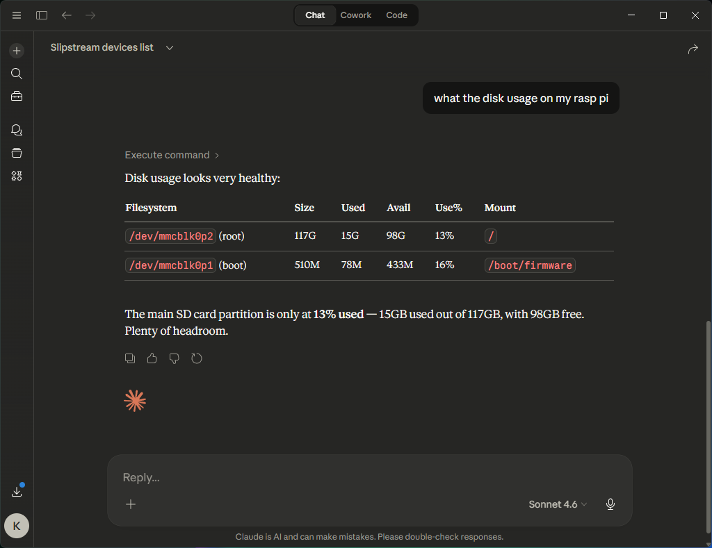Claude Desktop running a command on a remote Raspberry Pi via Slipstream
