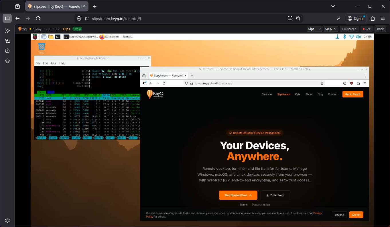 Remotely accessing a Raspberry Pi desktop from a browser via Slipstream